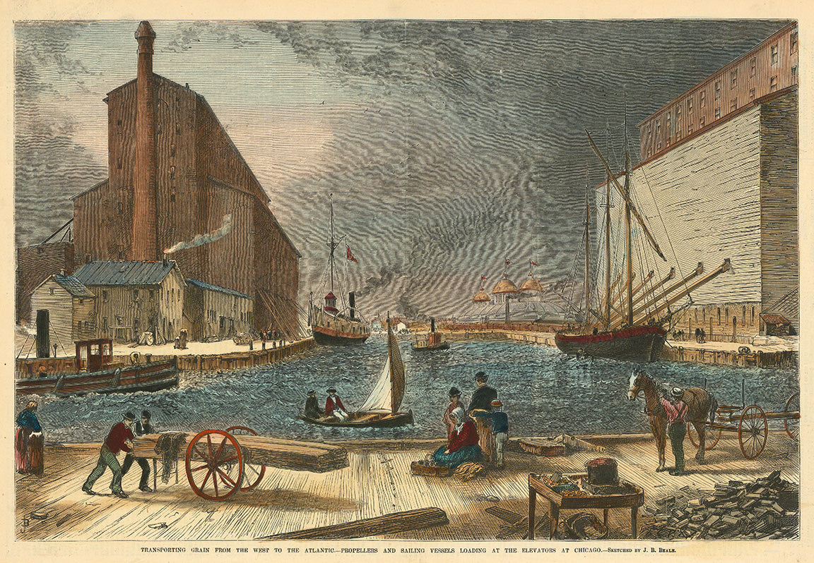 Transporting Grain from the West to the Atlantic. Propellers and Sailing Vessels Loading at the Elevators at Chicago.