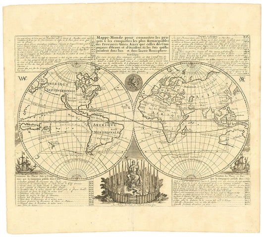 Mappe-Monde pour Connoitre les Progres & les Conquestes les plus Remarquables des Provinces-Unies, Ainsy que celles des Compagnies d'Orient et d'Occident, et les Pais qu'elles Possedent dans l'un et dans l'autre Hemisphere.
