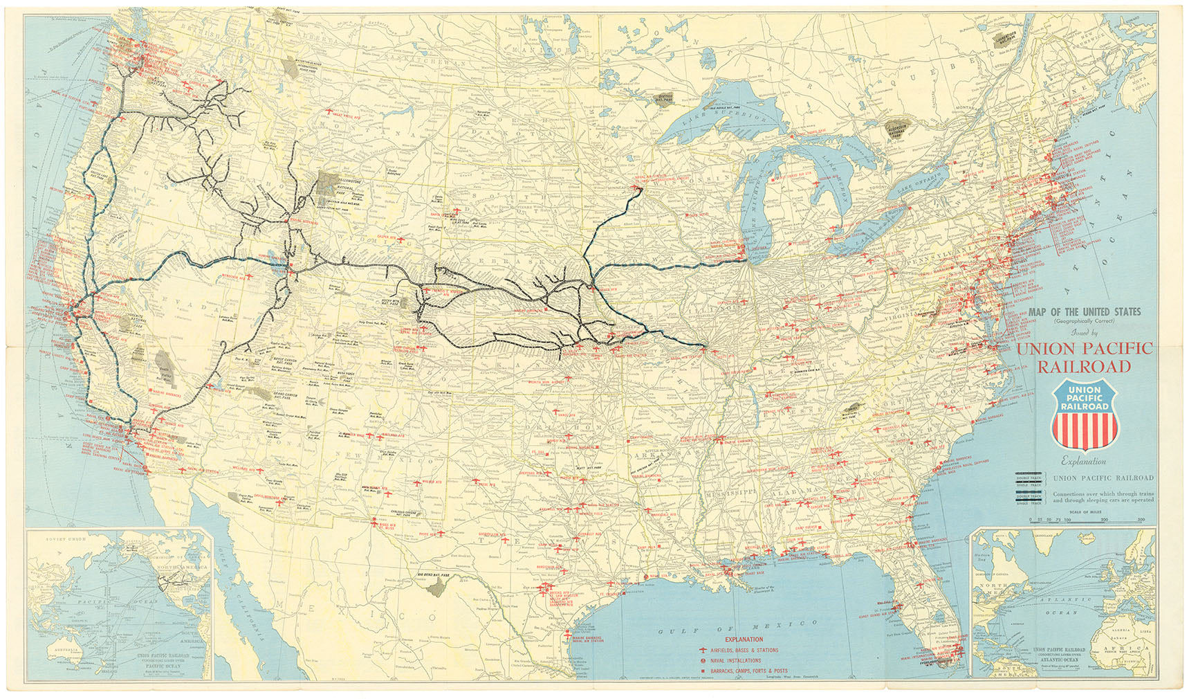 Map of the United States (Geographically correct) Issued by Union Pacific Railroad. (Military post edition)